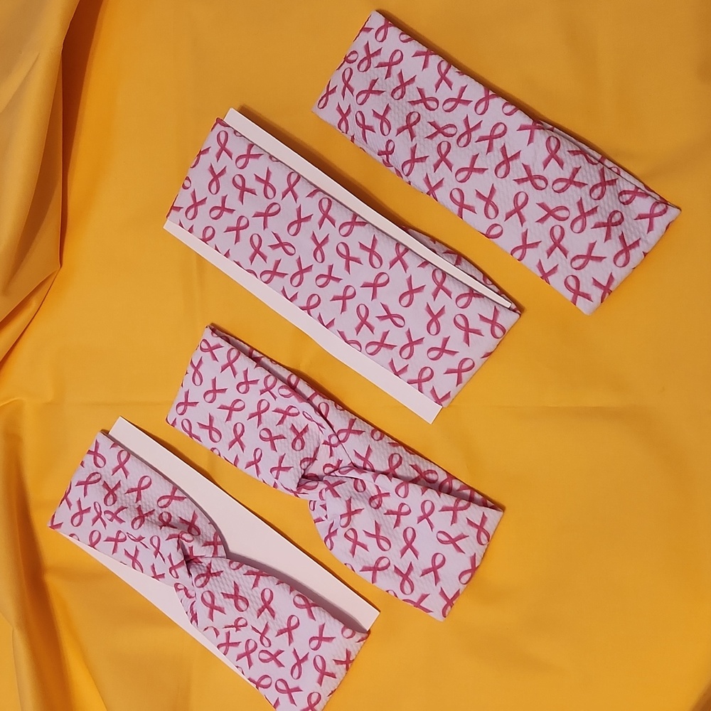 Handmade Breast Cancer Awareness Polyester/Spandex knit Headbands, set of 4.